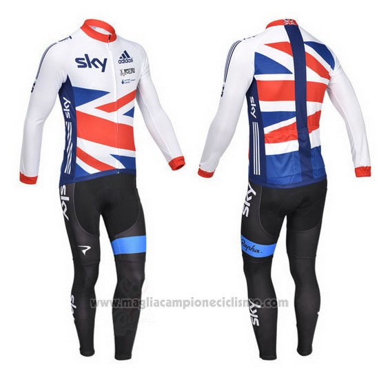 2013 Abbigliamento Ciclismo Sky Campione Regno Unito Bianco e Nosso Manica Lunga e Salopette